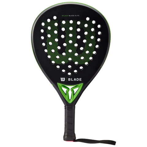 A black and green paddle with a perforated surface and a gripped handle is designed for sports use showcasing the brand logo prominently at the top and bottom