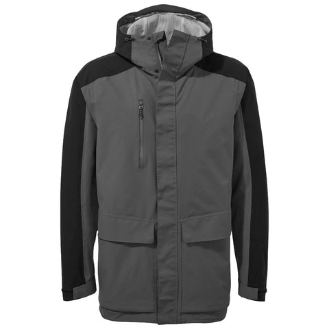 A gray and black jacket is displayed front-facing with a hood and zippered pockets showcasing its outerwear design suitable for cold or wet environments.