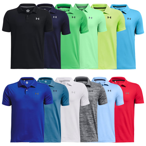 A collection of ten colorful polo shirts is displayed neatly in two rows. The shirts feature various colors including black navy green blue white gray red and light blue with the Under Armour logo visible.