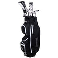 A black golf bag with white accents holds several golf clubs upright showcasing their polished heads and shafts while featuring multiple zippered pockets for storage on its side.