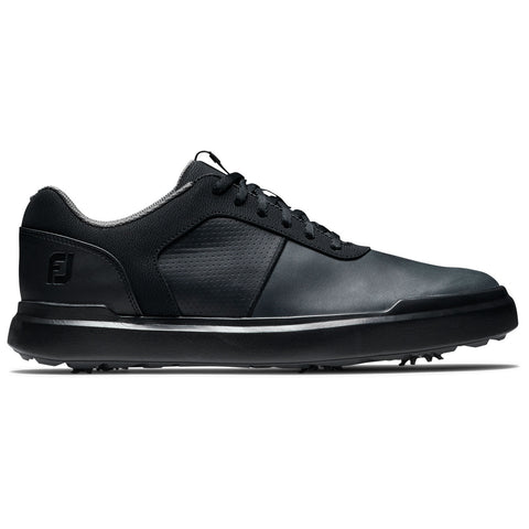 A black golf shoe is positioned sideways displaying a sleek design with a textured upper surface and laces. The context suggests a focus on athletic footwear designed for performance on the golf course.