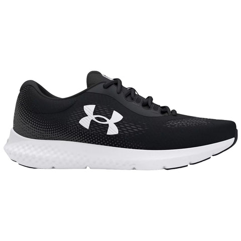 A black athletic shoe featuring a white logo is positioned on a neutral background highlighting its sleek design and mesh upper ideal for running or training activities.