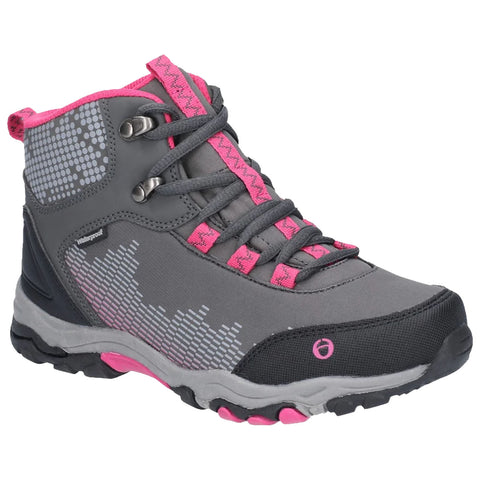 A gray hiking boot with pink accents is positioned upright showcasing a waterproof design and textured side detailing suited for outdoor activities in various environments.