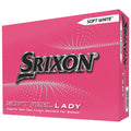 A pink box labeled Srixon contains golf balls designed for women offering superior feel and longer distance showcasing a dynamic design with dots and waves on the surface.