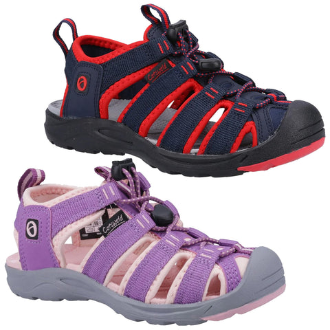 Two pairs of children’s sandals are displayed side by side. The top pair features navy and red colors with a rubber toe cap. The bottom pair is purple and pink with a similar design.