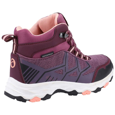 A waterproof hiking boot in shades of purple with a textured surface and contrasting black details features a cushioned collar and a lug sole for traction in outdoor environments.