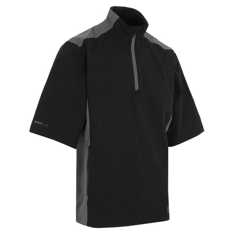 A short-sleeved black jacket features a high collar and a quarter zip at the front with grey accents on the shoulders and sides designed for outdoor wear.