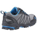 A gray and black waterproof shoe with blue accents is positioned at an angle showcasing its textured surface and rugged sole suitable for active outdoor use.