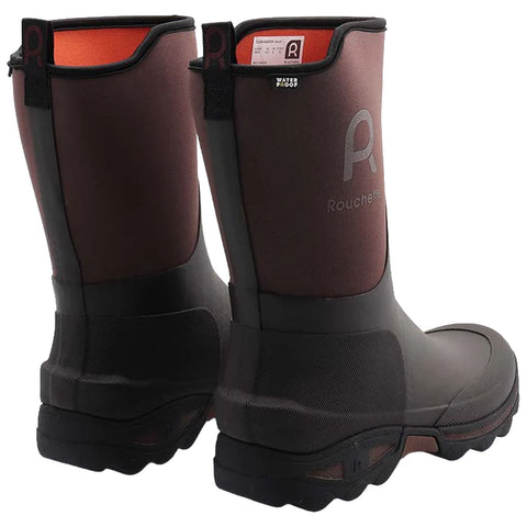 Dark waterproof boots are displayed standing upright showcasing a curved design and textured soles suitable for outdoor use with a bright orange lining visible at the top