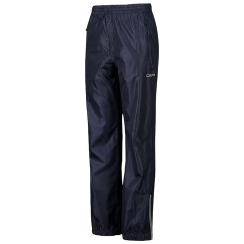 Dark blue waterproof pants are displayed upright showcasing an elastic waistband and side zippers with a smooth, shiny fabric surface designed for outdoor activities or wet weather.