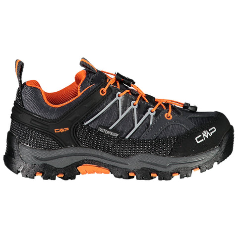 A black and orange waterproof athletic shoe rests on a flat surface featuring a textured upper for grip and support highlighting a rugged sole designed for outdoor activities.