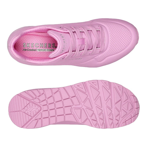 Footwear is a pair of pink athletic shoes featuring a smooth exterior and a textured sole with a diamond pattern. They are designed for comfort using memory foam technology.