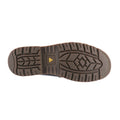 A shoe sole is displayed with a tread pattern emphasizing grip and durability it appears designed for outdoor or work environments showing features like oil resistance and traction elements