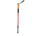 A red hiking pole stands upright on a white background featuring a textured handle and adjustable sections designed for stability and support during outdoor activities.