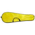 A yellow guitar case with a black zipper and handle lies flat on a white background designed to protect and carry a guitar in various environments.