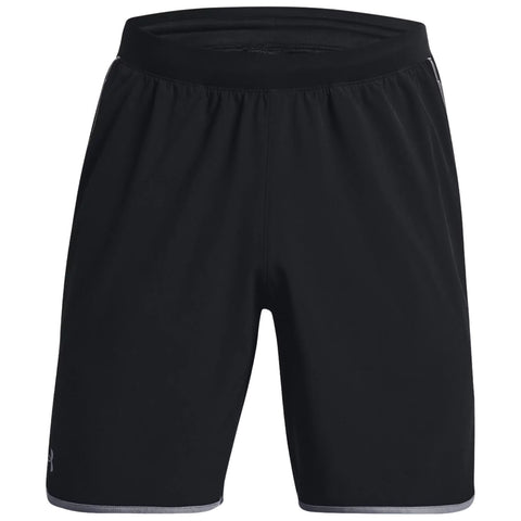 Black athletic shorts are displayed front-facing with an elastic waistband and short length designed for movement in a gym or outdoor sports environment.