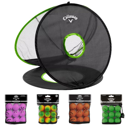 A collapsible black and green golf net sits open with a circular target in the center while four bags of brightly colored golf balls are displayed below it in mesh packaging.