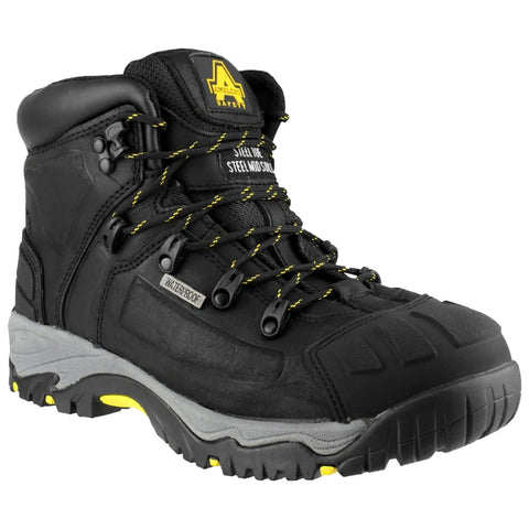 A black waterproof boot with yellow accents is positioned upright showcasing its sturdy design and steel toe feature highlighting its functional purpose for rugged outdoor or industrial use.