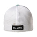 A white mesh baseball cap is displayed with a black label reading BLACK CLOVER attached at the back and a green button on top showcasing a simple and casual design.