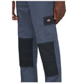 Gray work pants with black reinforced patches on the knees are being held by a hand. The pants feature a small logo on the side pocket.