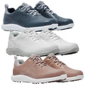 Four pairs of stylish athletic shoes are displayed stacked vertically in various colors including dark gray white and light brown showcasing their modern design and laced style with textured surfaces and traction soles.