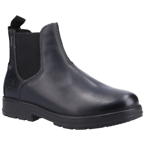 A black leather ankle boot features elastic side panels and a pull tab at the back designed for easy on and off in a casual or work setting.