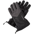 Two black gloves are laid open revealing fingers and an adjustable cuff Designed for outdoor activities these gloves combine weather resistance and grip for enhanced performance in cold conditions