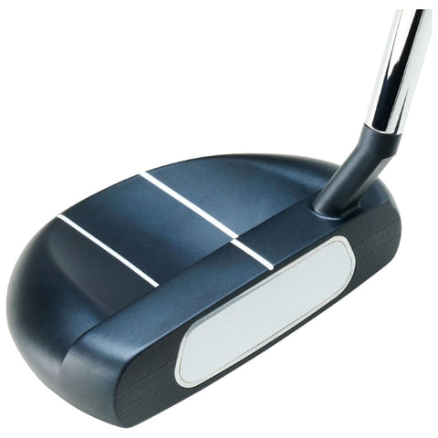 A golf putter is displayed showing its rounded head and alignment lines the club is designed for putting golf balls on a smooth surface like a green