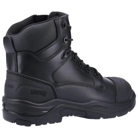 A black tactical boot is displayed standing upright revealing its sturdy leather upper and padded collar The boot features metal eyelets and a rugged sole designed for durability and support