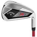 A golf club with a shiny chrome finish and a black striped face is displayed angled to show its construction details and branding from Callaway and XR, highlighting its sleek design for performance.