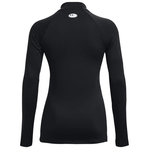 A black long-sleeve athletic shirt with a high collar is displayed facing away showing a logo at the neck the smooth fabric suggests it is designed for active wear