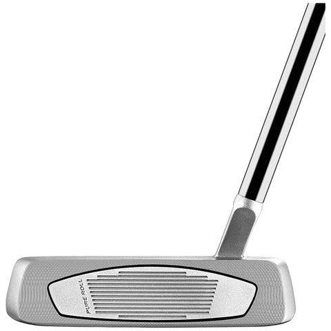 A silver golf putter is positioned upright showcasing its flat striking surface with grooves The context suggests it is prepared for use on a green or putting surface