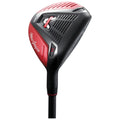 A golf club features a black and red head with a sleek design and grooves. It is positioned at an angle, showcasing the brand name and loft degree of 24.