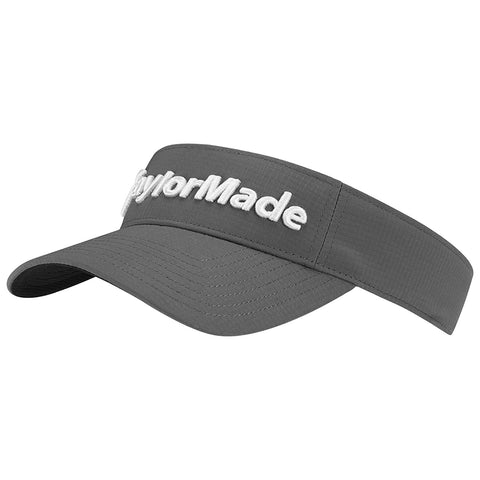 A gray visor with a wide brim displays the embroidered text TaylorMade at the front positioned on a plain background likely intended for outdoor sports activities or sun protection.