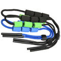 Colorful foam beads are threaded onto black and blue cords with plastic ends action suggesting they are used for fastening or crafts context presented against a neutral background