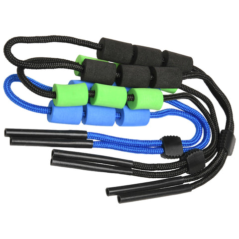 Colorful foam beads are threaded onto black and blue cords with plastic ends action suggesting they are used for fastening or crafts context presented against a neutral background