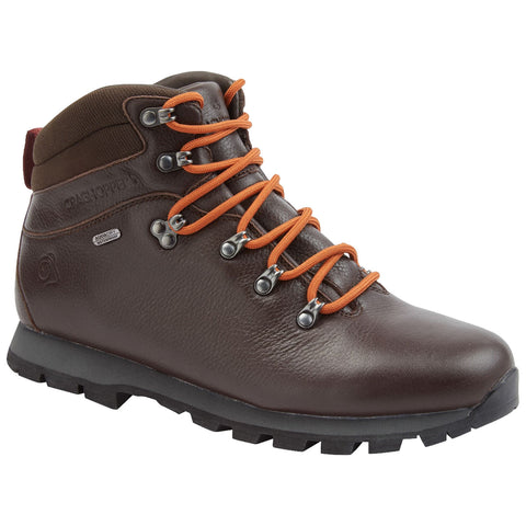 A brown hiking boot with orange laces rests on a flat surface showing a rugged design and textured leather ideal for outdoor activities in a variety of terrains