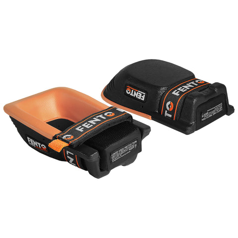 Two knee pads are positioned side by side showcasing a black base with an orange protective cover and straps for securing them to the legs designed for comfort and safety during work activities.