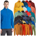 A man wearing a blue fleece pullover stands on the left side while a variety of colorful fleece pullovers are displayed on the right side in a grid formation.