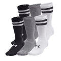 A set of six sports socks is displayed with different colors including black gray and white showcasing striped designs at the top and the Under Armour logo at the bottom.