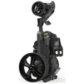 A compact golf trolley stands upright on its rear wheel displaying a sleek black design with prominent yellow accents showcasing innovative features ideal for golf courses or practice ranges.