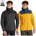 Two young men stand side by side wearing different outdoor jackets one black and one bright yellow both jackets feature zippered pockets and hoods with a white background behind them