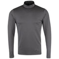 A grey long-sleeved shirt is displayed with a high collar and a logo visible at the back near the neck, presenting a simple and sleek design suitable for casual wear.