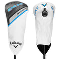 A golf club headcover is prominently displayed with a sleek design featuring a black and white body and blue accents showcasing the brand Callaway and model name Smoke, enhancing protection and style.