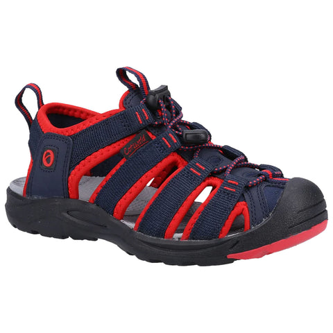 A blue and red sandal is positioned at an angle showcasing its straps and sole. The sandal features a secure fit, suitable for outdoor activities.