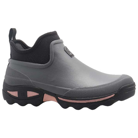 A grey waterproof boot with a slip-on design features a textured upper and a thick sole with a pink accent light grip lugs suitable for outdoor activities in wet conditions.