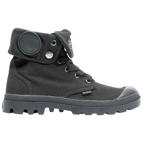 A black ankle boot features a canvas upper with a rubber toe cap and a thick sole the boot is designed for outdoor use with a foldable cuff showcasing a brand logo