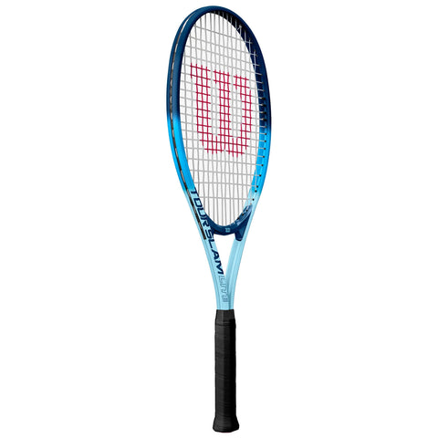 A tennis racket features a blue and white design with a large red logo in the center of the strings and a black grip handle, typically used on a court for playing tennis.