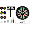 A dartboard with scoring area sits beside a set of colorful dart flights and various dart accessories including a marker and other tools arranged neatly on a white surface