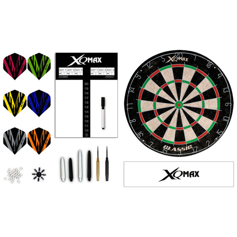 A dartboard with scoring area sits beside a set of colorful dart flights and various dart accessories including a marker and other tools arranged neatly on a white surface